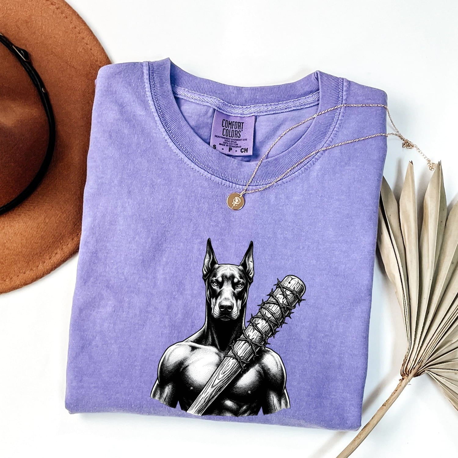 Doberman Shirt for Women – Badass Blackwork Vintage Spiked Bat Tattoo Dog Graphic Tee