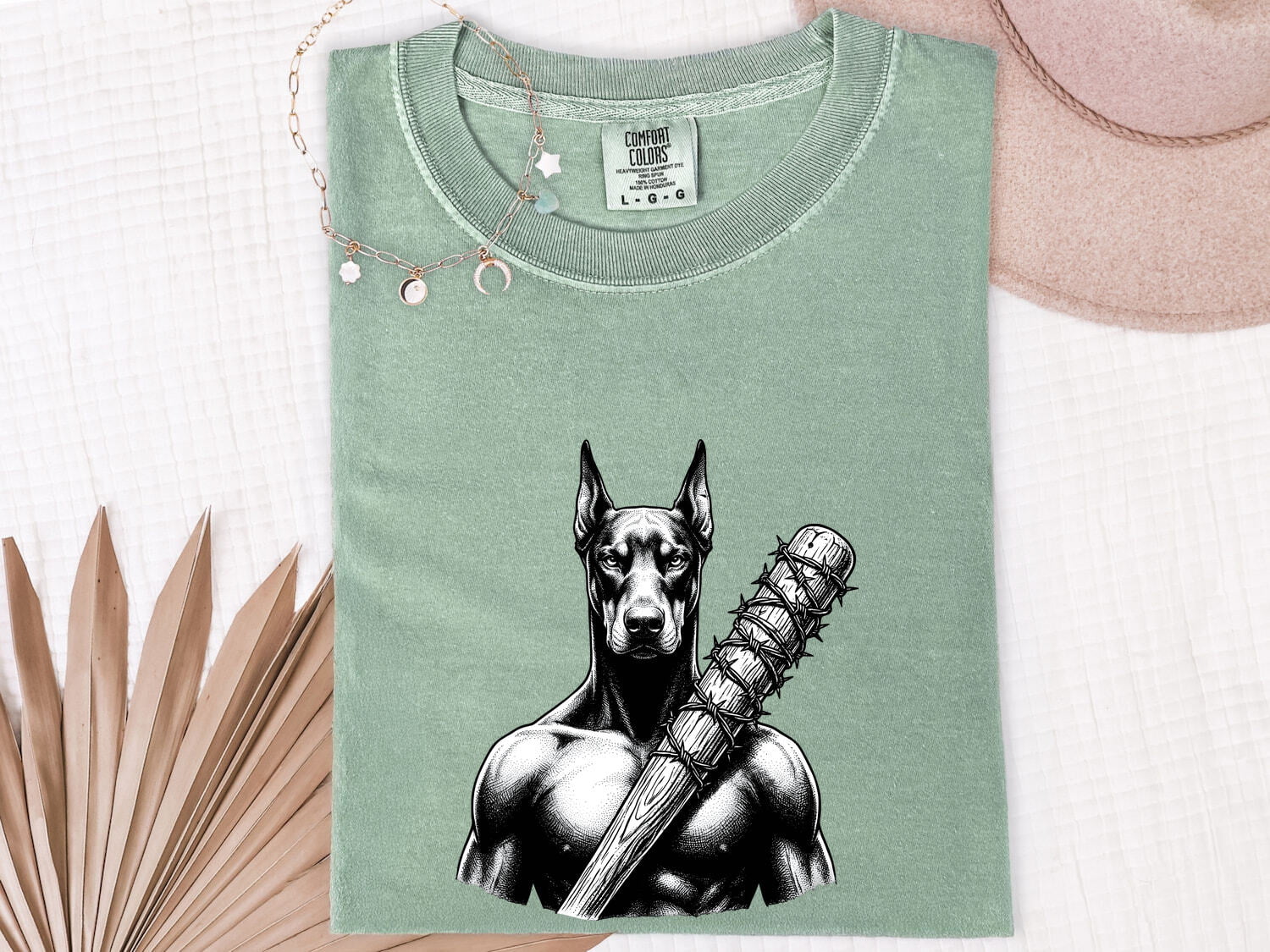 Doberman Shirt for Women – Badass Blackwork Vintage Spiked Bat Tattoo Dog Graphic Tee