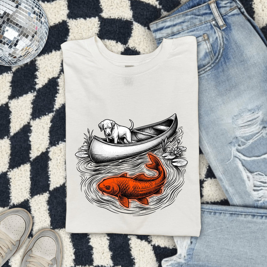 Dog Canoe Shirt for Women – Vintage Hand Drawn Retro Koi Fish Adventure Graphic Tee