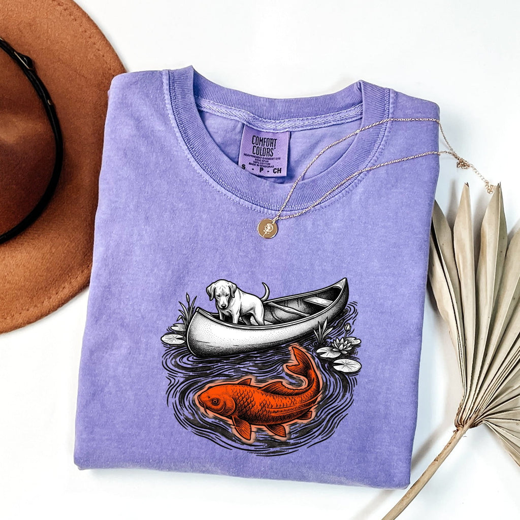 Dog Canoe Shirt for Women – Vintage Hand Drawn Retro Koi Fish Adventure Graphic Tee