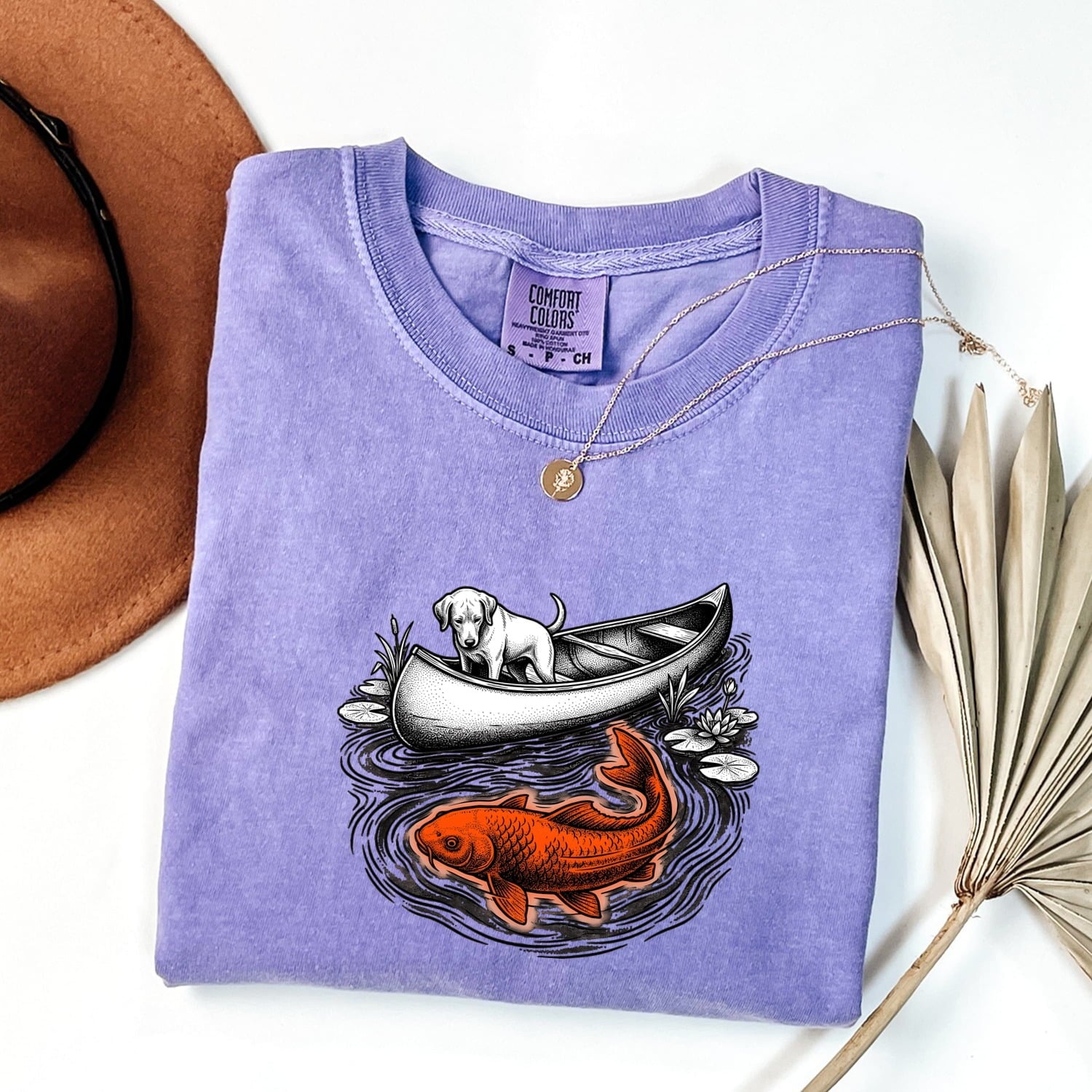 Dog Canoe Shirt for Women – Vintage Hand Drawn Retro Koi Fish Adventure Graphic Tee
