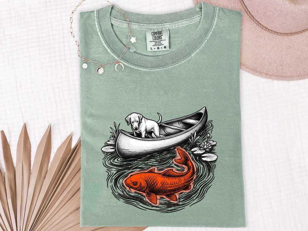 Dog Canoe Shirt for Women – Vintage Hand Drawn Retro Koi Fish Adventure Graphic Tee