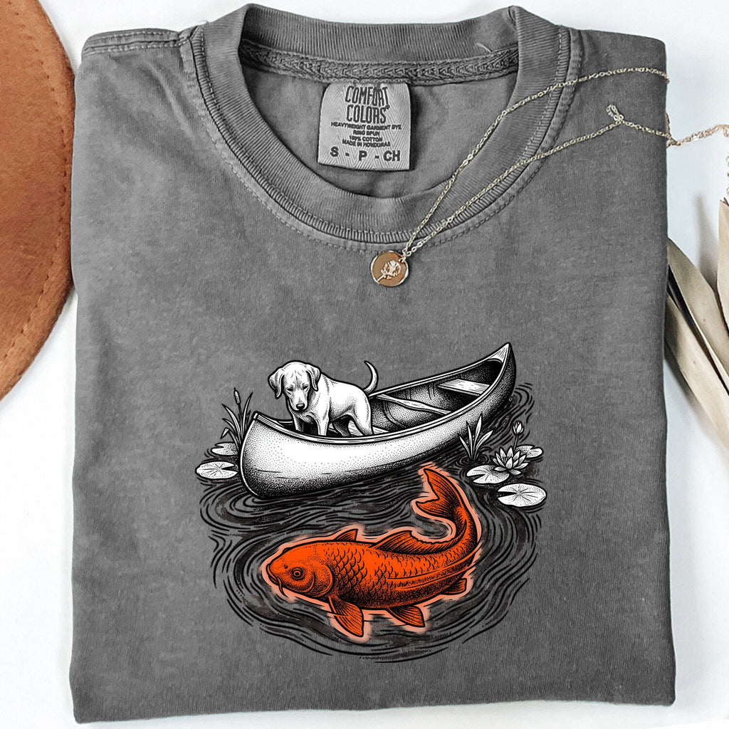 Dog Canoe Shirt for Women – Vintage Hand Drawn Retro Koi Fish Adventure Graphic Tee