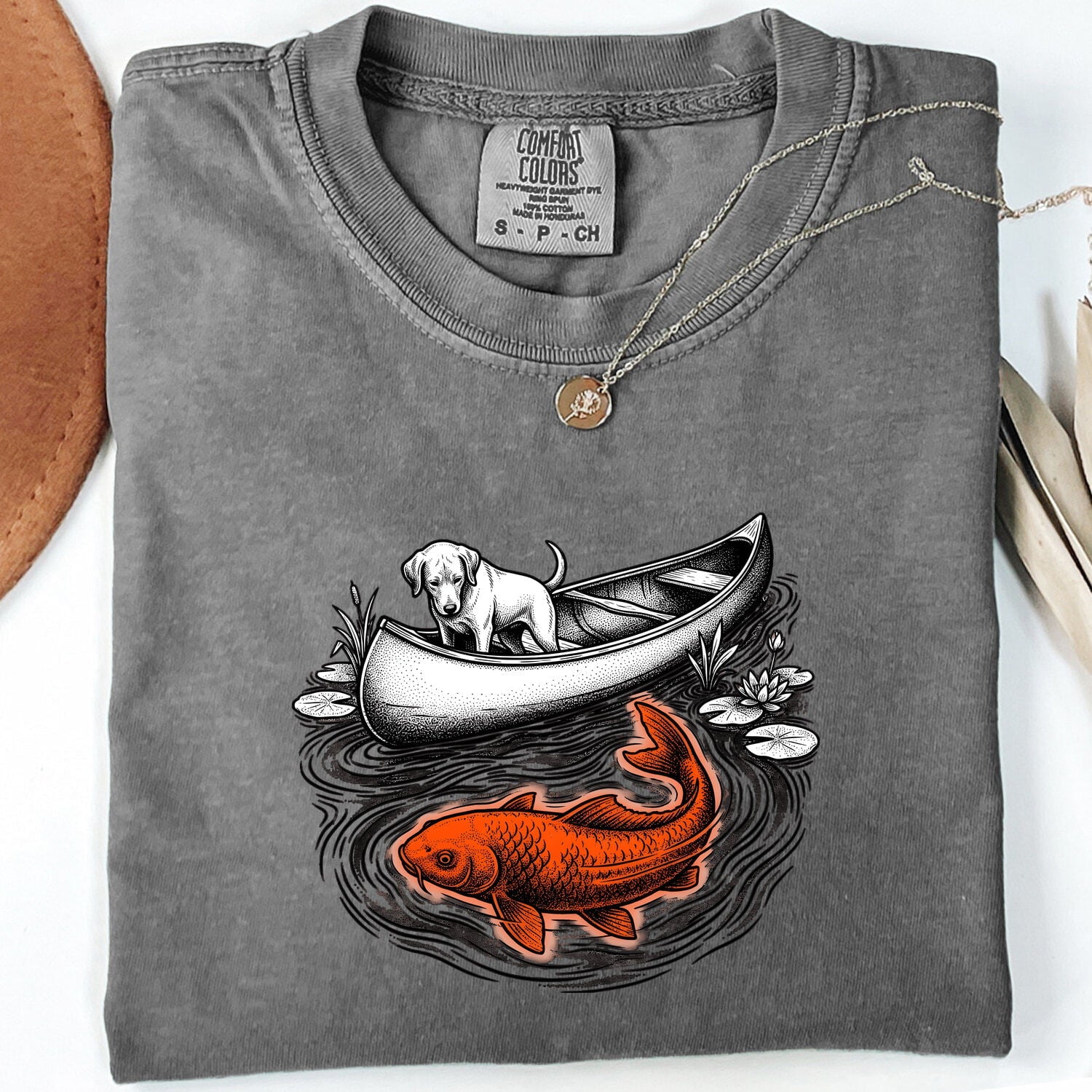 Dog Canoe Shirt for Women – Vintage Hand Drawn Retro Koi Fish Adventure Graphic Tee