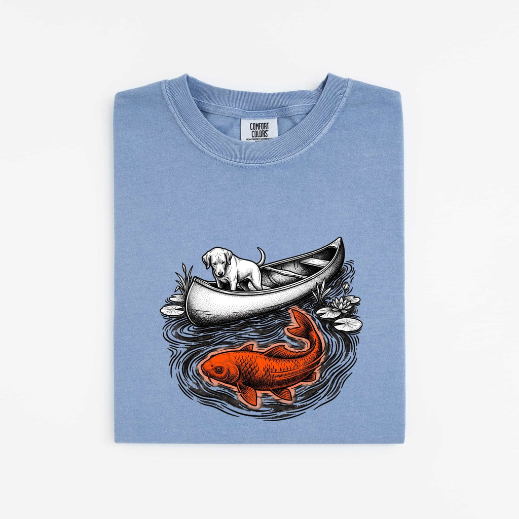 Dog Canoe Shirt for Women – Vintage Hand Drawn Retro Koi Fish Adventure Graphic Tee