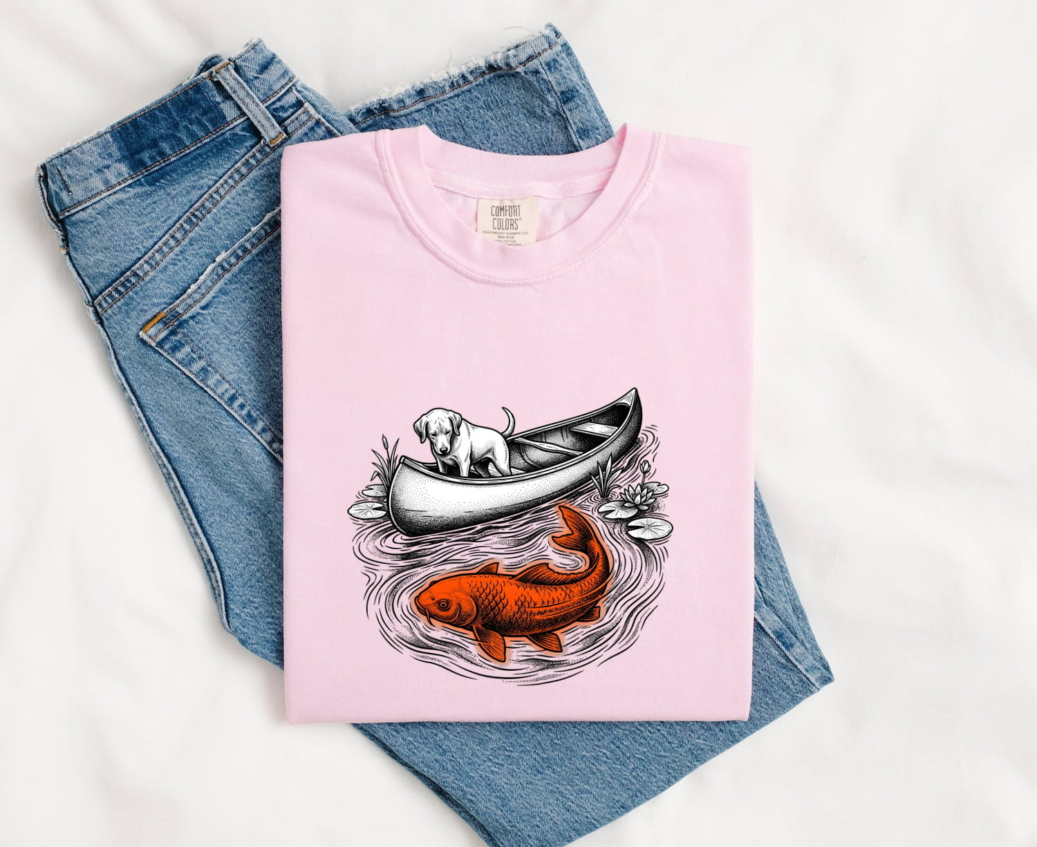Dog Canoe Shirt for Women – Vintage Hand Drawn Retro Koi Fish Adventure Graphic Tee