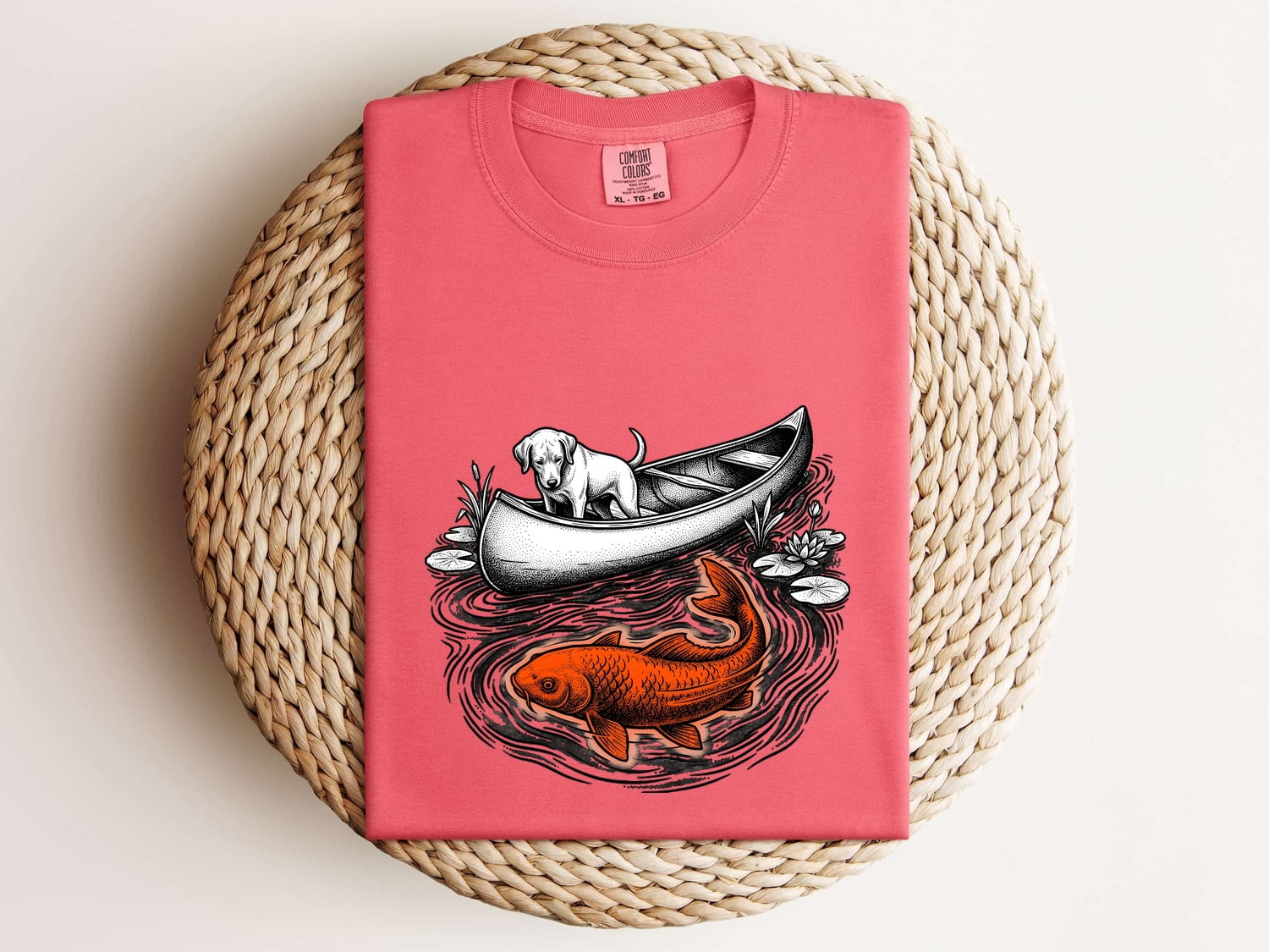Dog Canoe Shirt for Women – Vintage Hand Drawn Retro Koi Fish Adventure Graphic Tee