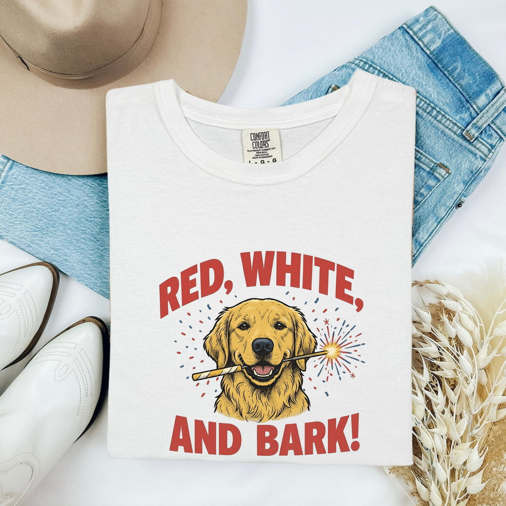 4th of July Golden Retriever Shirt for Women – Hand Drawn Creature Line Art Dog Graphic Tee