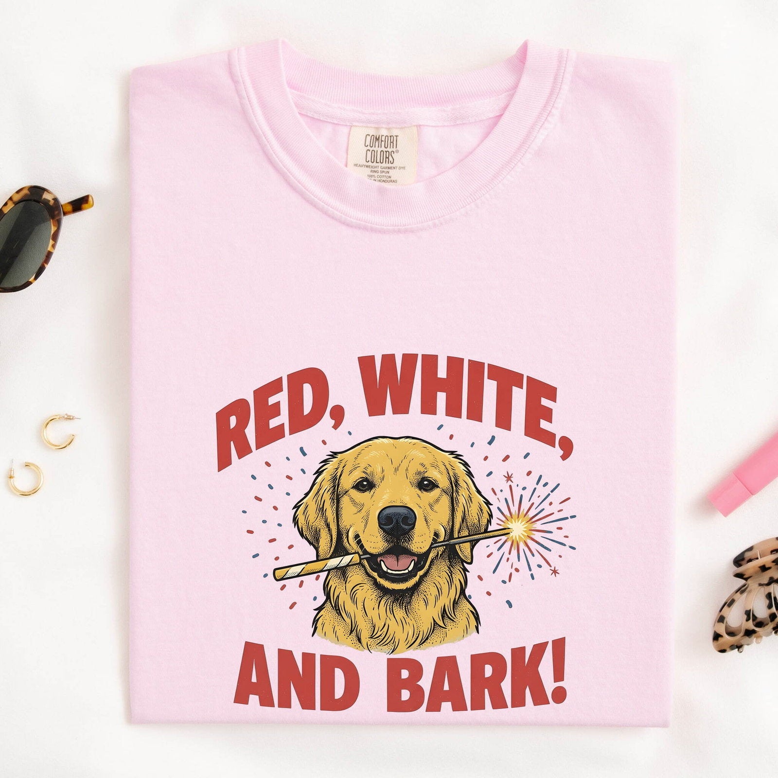 4th of July Golden Retriever Shirt for Women – Hand Drawn Creature Line Art Dog Graphic Tee
