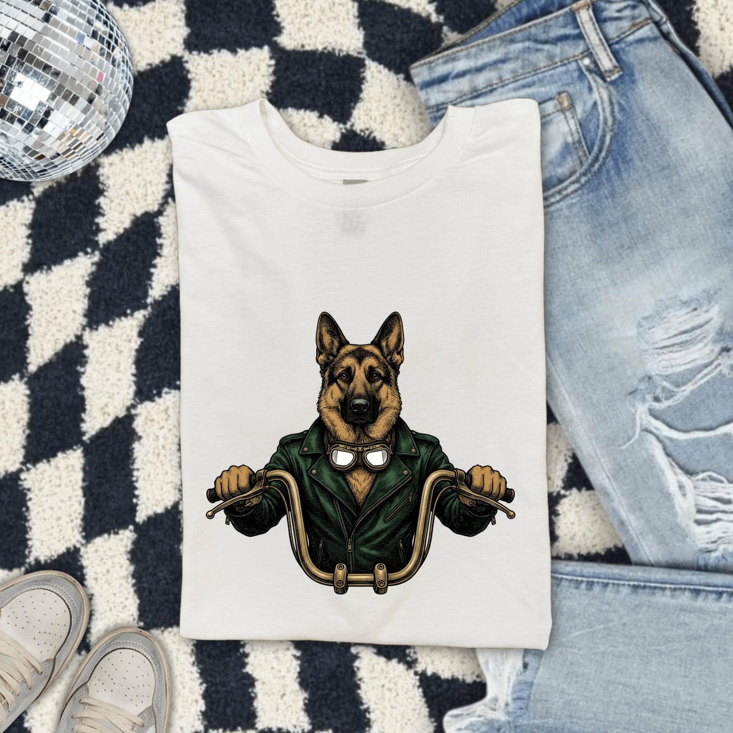 German Shepherd Shirt for Women – Old School Biker Motorcycle Line Art Dog Graphic Tee