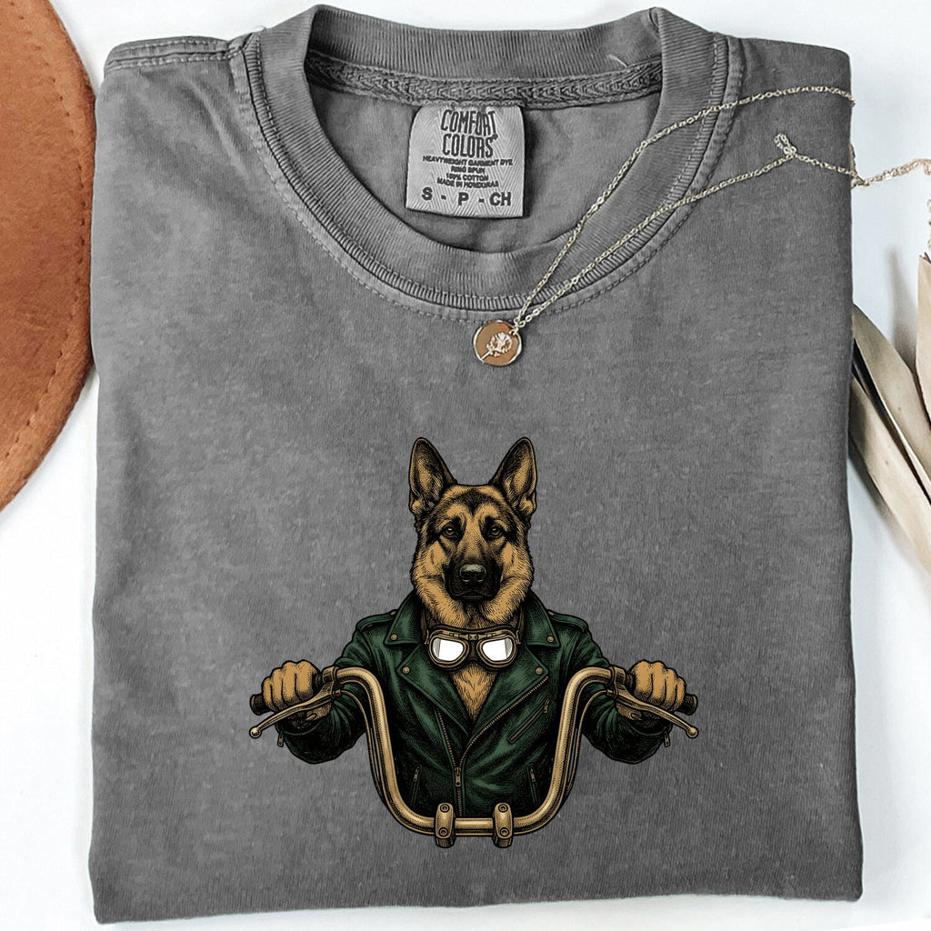 German Shepherd Shirt for Women – Old School Biker Motorcycle Line Art Dog Graphic Tee
