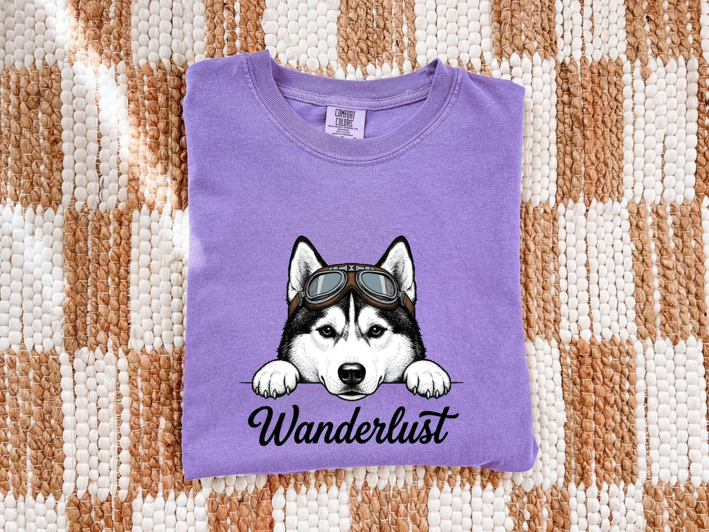 Husky Shirt for Women – Retro Goggles Travel Line Art Siberian Dog Graphic Tee