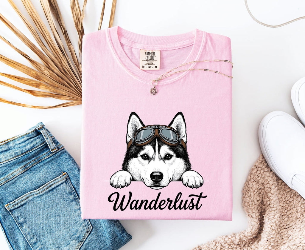 Husky Shirt for Women – Retro Goggles Travel Line Art Siberian Dog Graphic Tee
