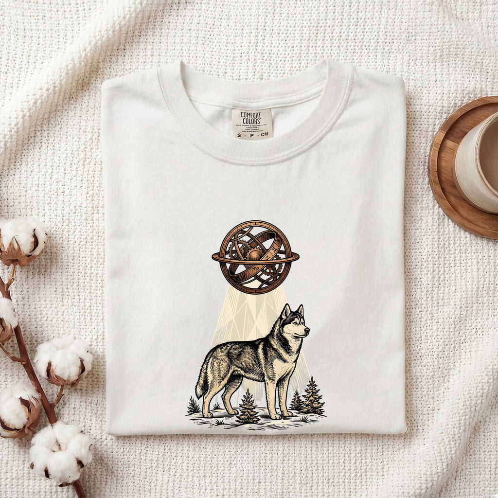 Husky Shirt for Women – Vintage Hand Drawn Celestial Sphere Nature Dog Graphic Tee