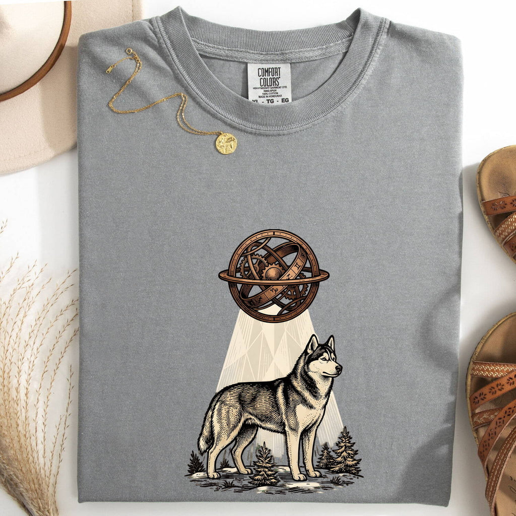 Husky Shirt for Women – Vintage Hand Drawn Celestial Sphere Nature Dog Graphic Tee
