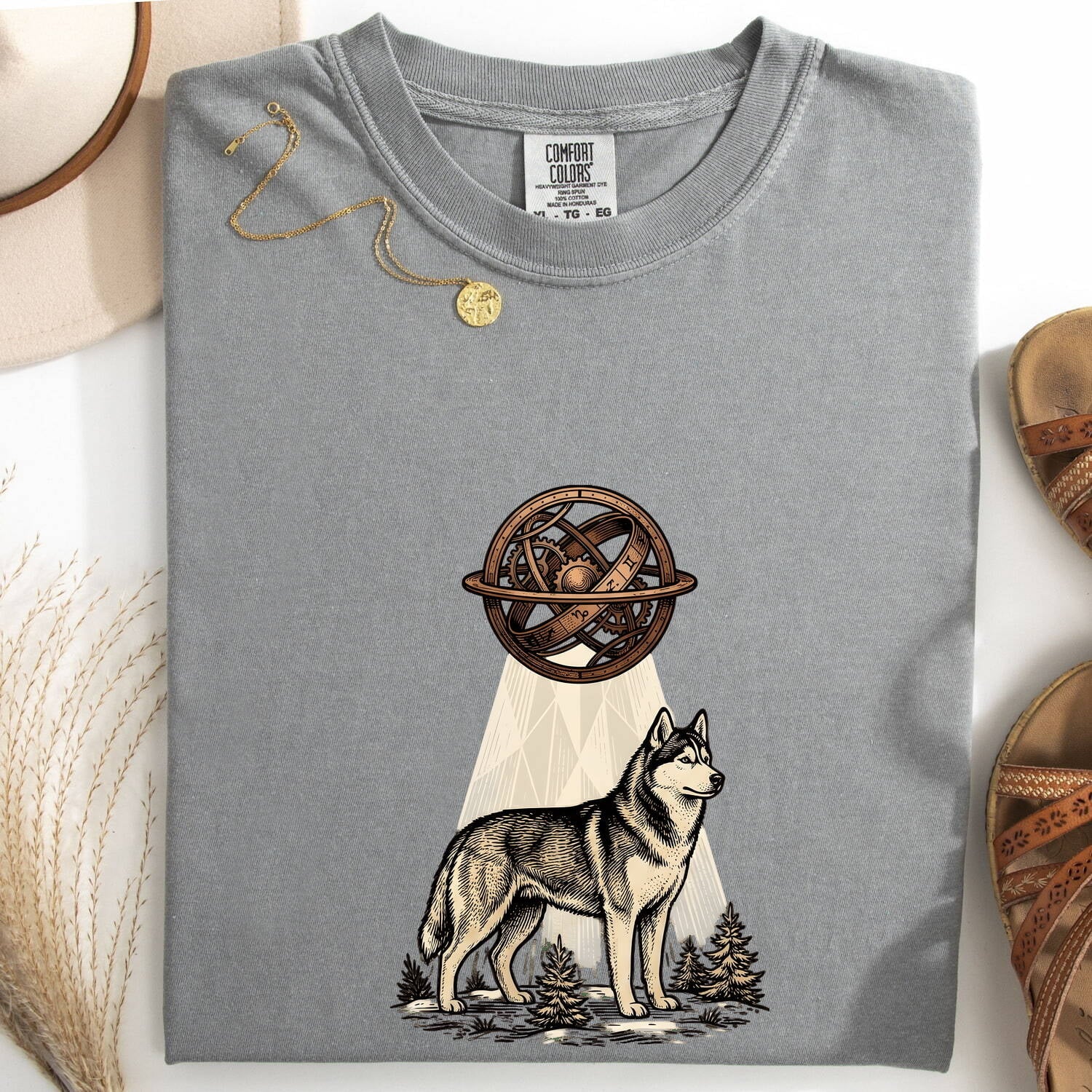 Husky Shirt for Women – Vintage Hand Drawn Celestial Sphere Nature Dog Graphic Tee