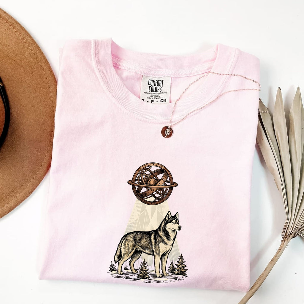 Husky Shirt for Women – Vintage Hand Drawn Celestial Sphere Nature Dog Graphic Tee