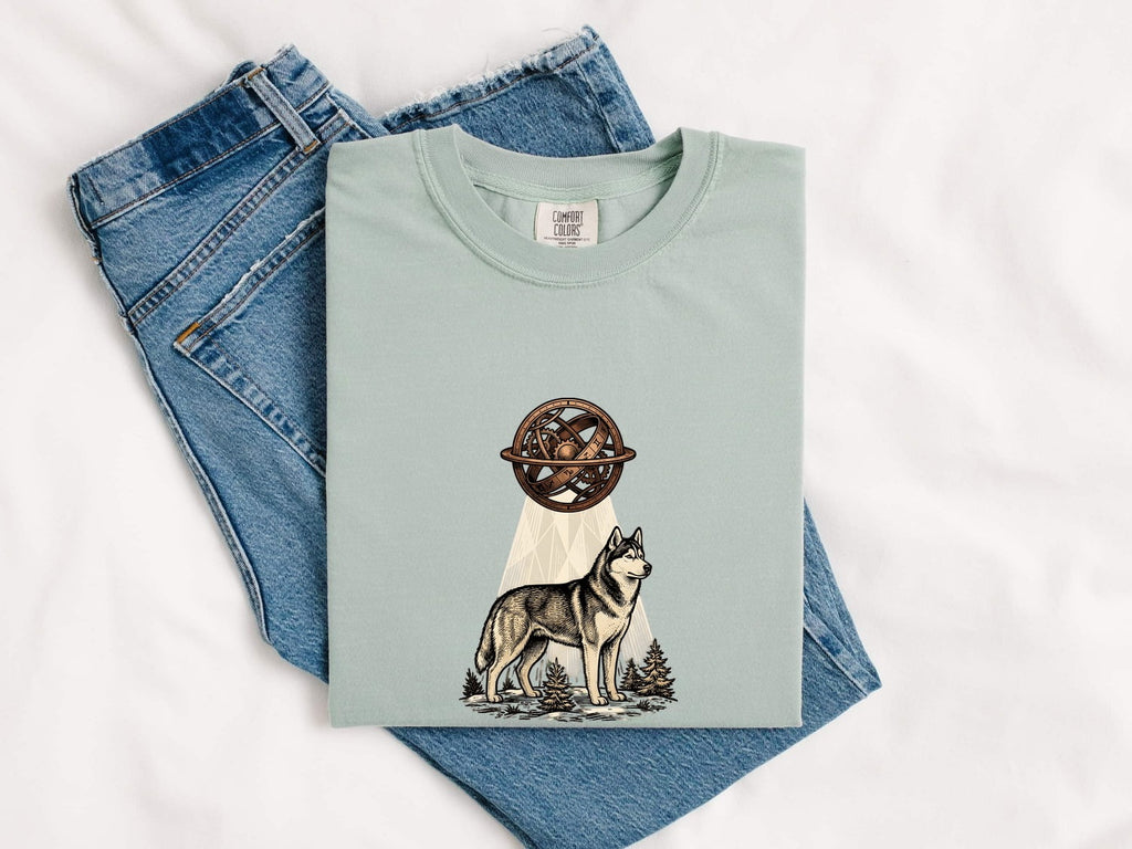 Husky Shirt for Women – Vintage Hand Drawn Celestial Sphere Nature Dog Graphic Tee