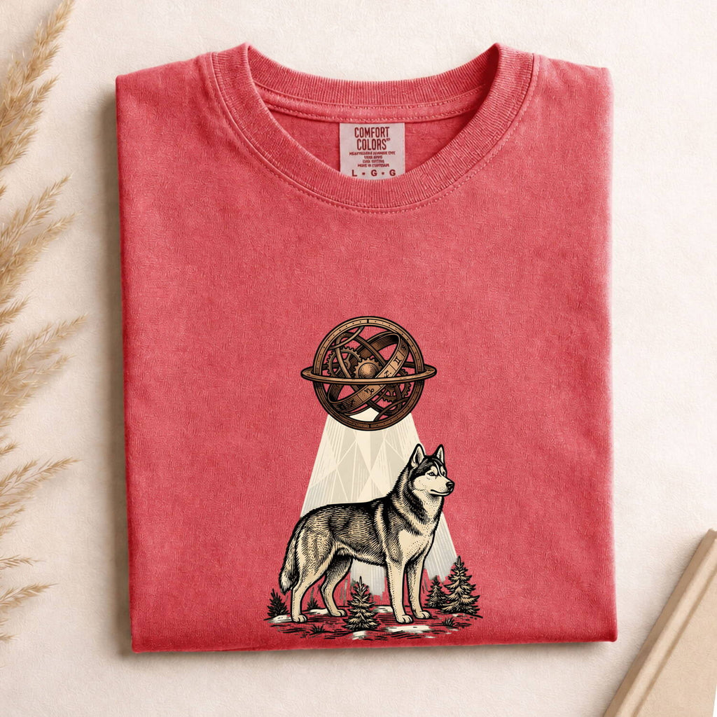 Husky Shirt for Women – Vintage Hand Drawn Celestial Sphere Nature Dog Graphic Tee