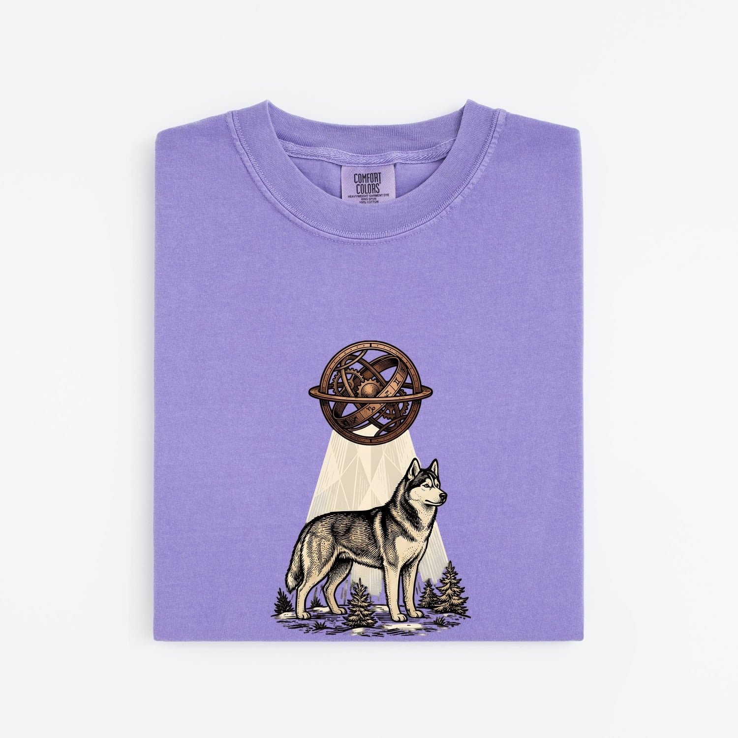 Husky Shirt for Women – Vintage Hand Drawn Celestial Sphere Nature Dog Graphic Tee