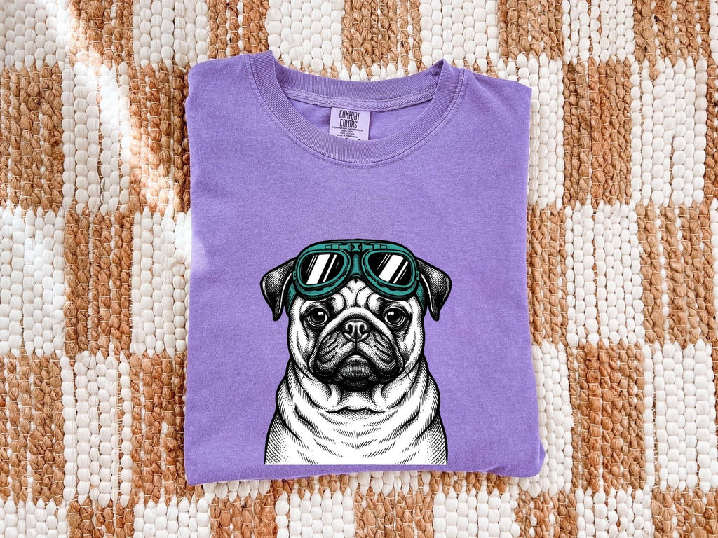 Pug Shirt for Women – Old School Retro Aviator Glasses Creature Puppy Graphic Tee