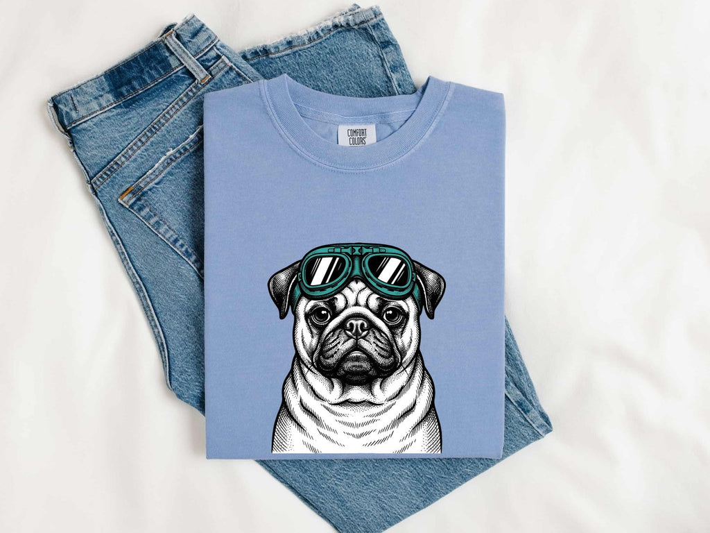 Pug Shirt for Women – Old School Retro Aviator Glasses Creature Puppy Graphic Tee