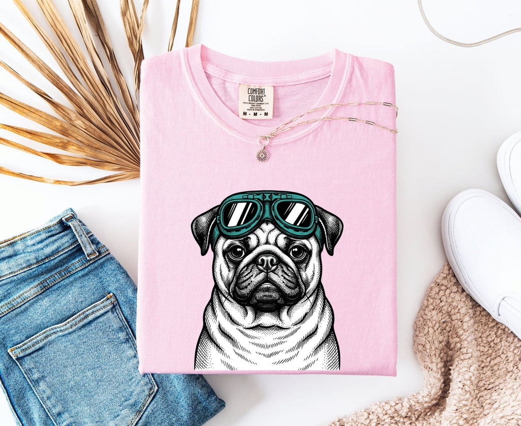 Pug Shirt for Women – Old School Retro Aviator Glasses Creature Puppy Graphic Tee