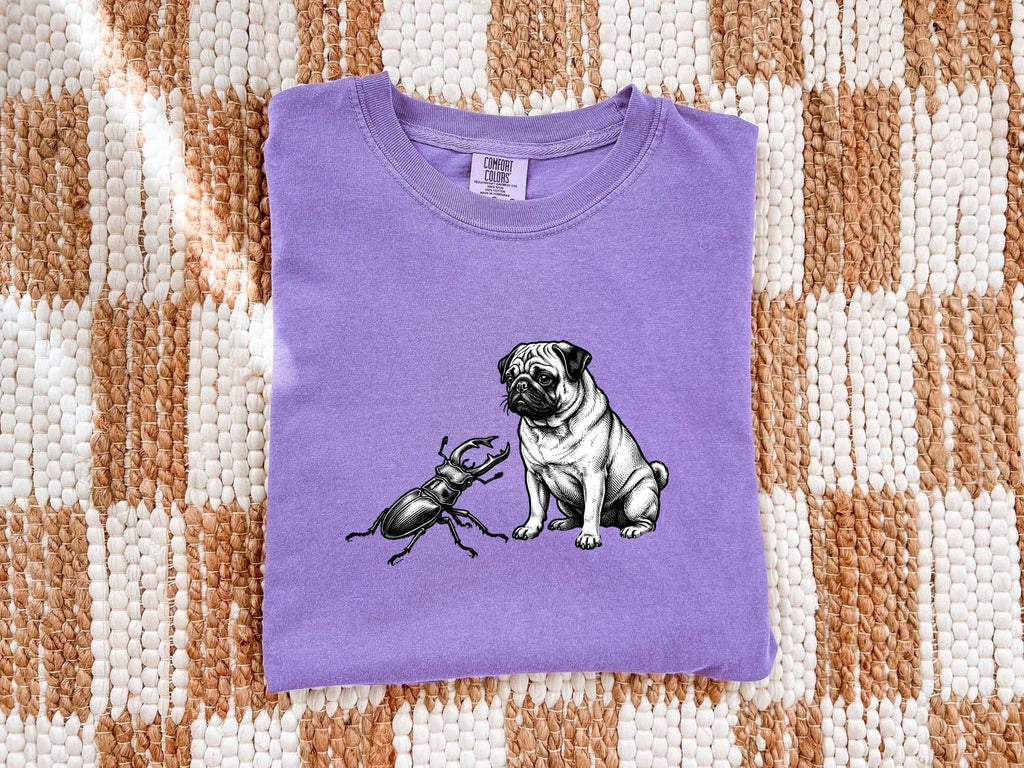 Pug Shirt for Women – Old School Vintage Line Art Scarab Creature Dog Graphic Tee