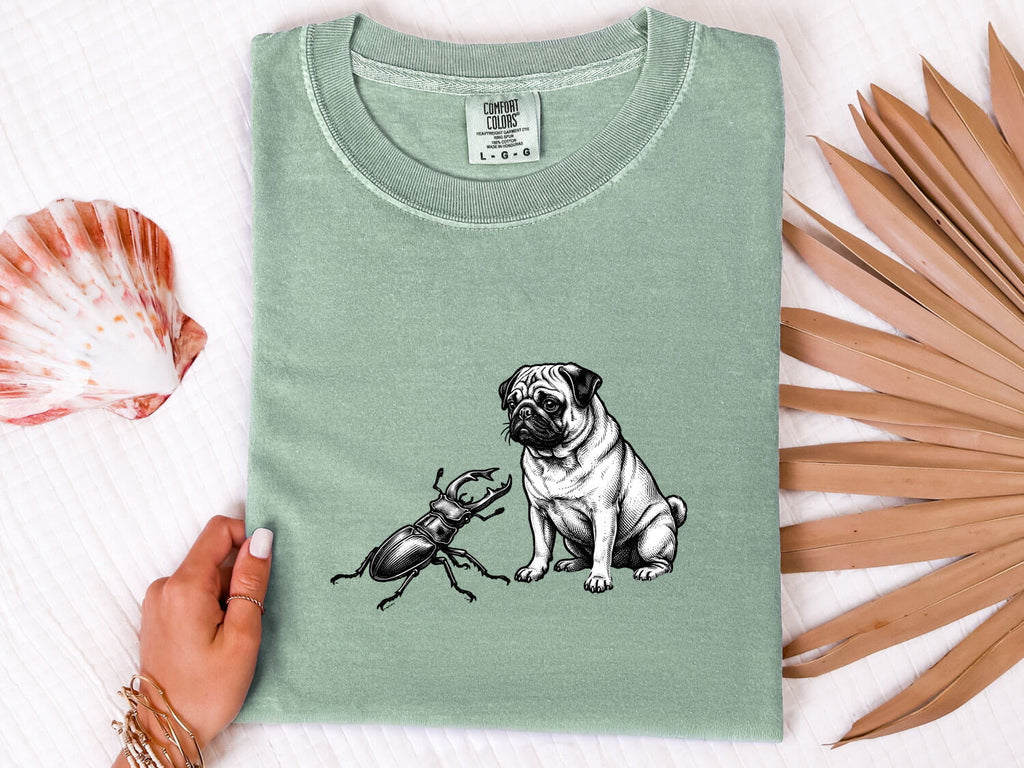 Pug Shirt for Women – Old School Vintage Line Art Scarab Creature Dog Graphic Tee