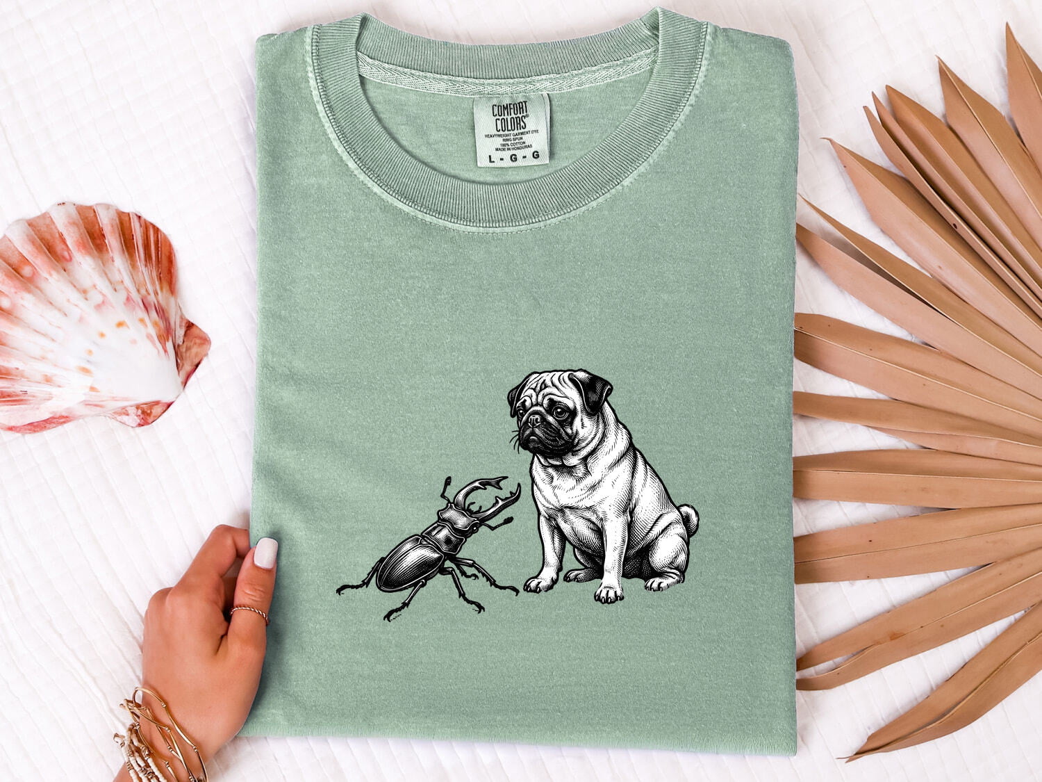 Pug Shirt for Women – Old School Vintage Line Art Scarab Creature Dog Graphic Tee