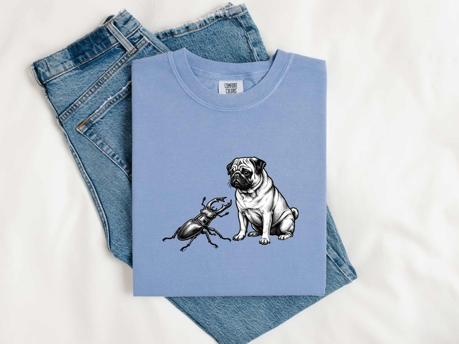Pug Shirt for Women – Old School Vintage Line Art Scarab Creature Dog Graphic Tee