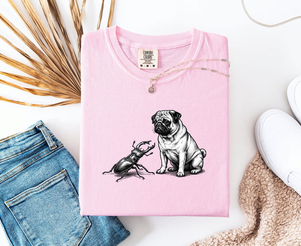 Pug Shirt for Women – Old School Vintage Line Art Scarab Creature Dog Graphic Tee