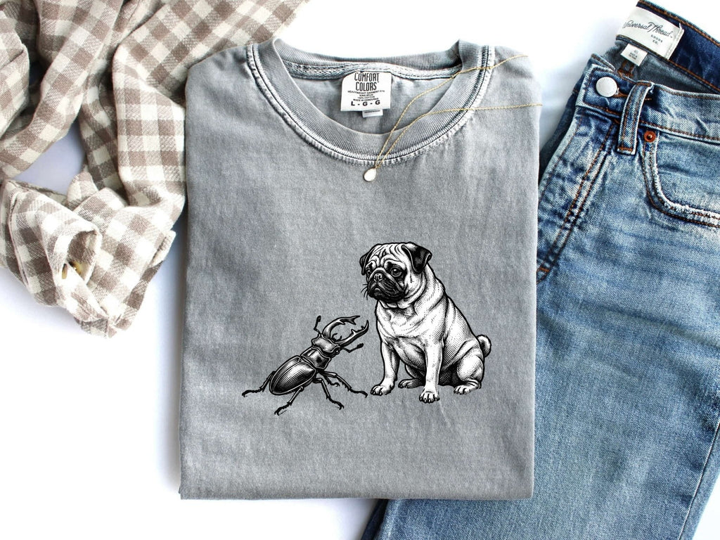 Pug Shirt for Women – Old School Vintage Line Art Scarab Creature Dog Graphic Tee