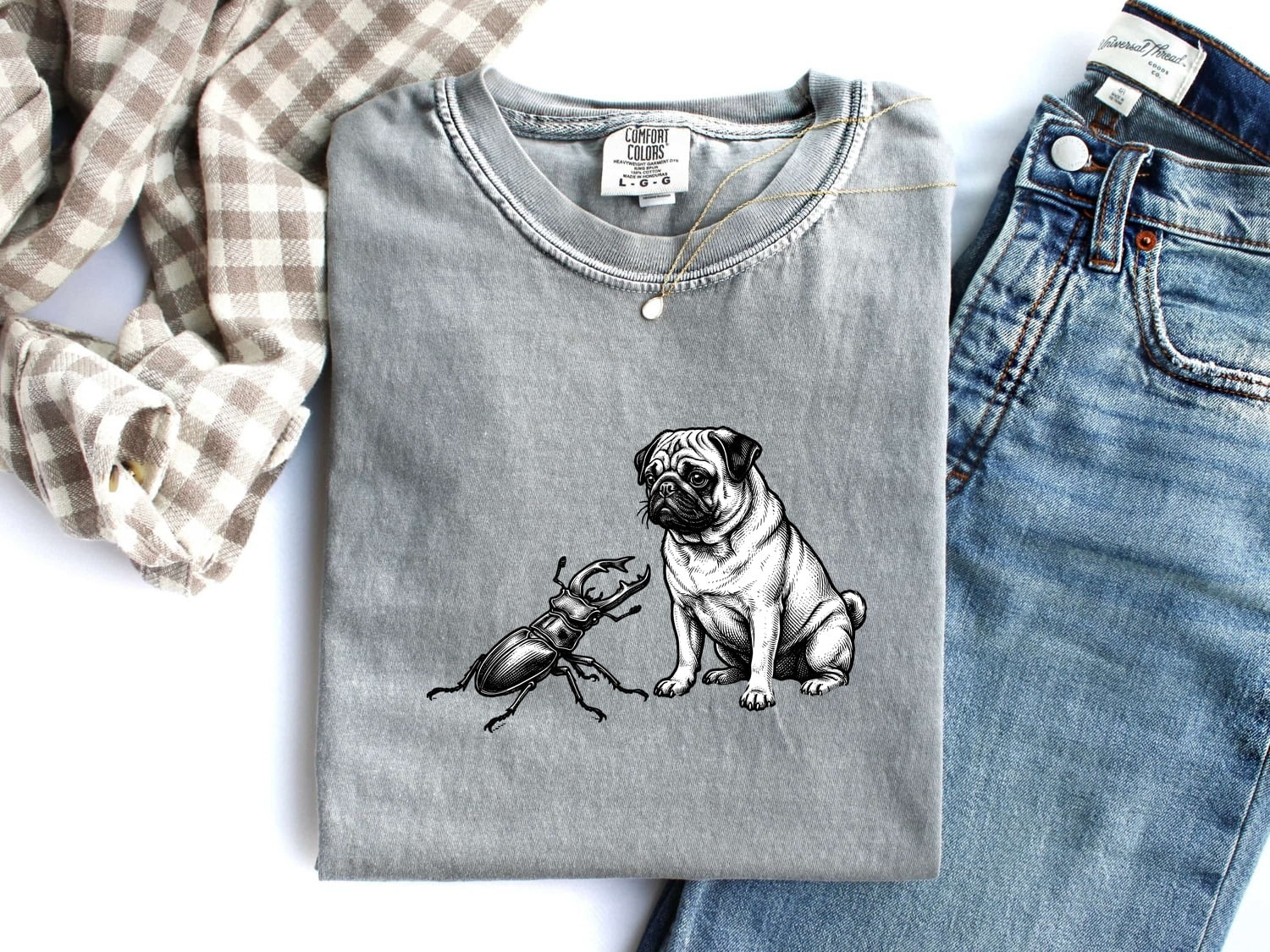 Pug Shirt for Women – Old School Vintage Line Art Scarab Creature Dog Graphic Tee