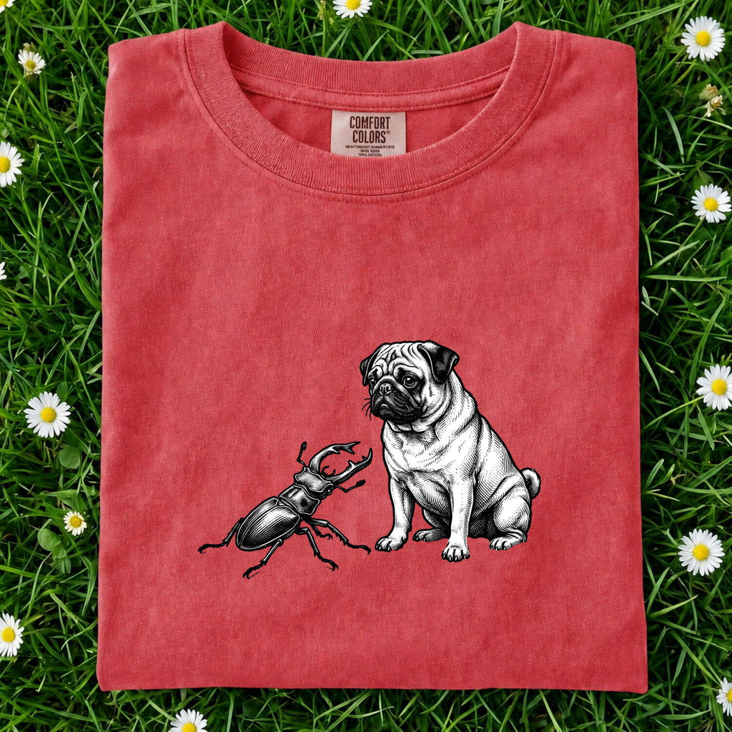 Pug Shirt for Women – Old School Vintage Line Art Scarab Creature Dog Graphic Tee