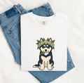 Husky Shirt for Women – Hand Drawn Cartoon Floral Crown Siberian Dog Graphic Tee