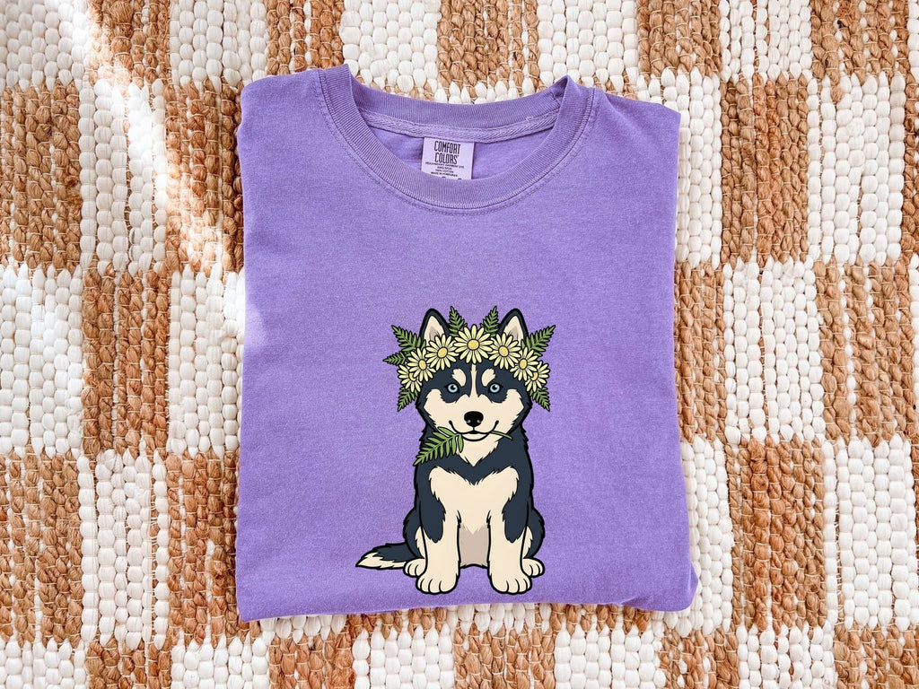 Husky Shirt for Women – Hand Drawn Cartoon Floral Crown Siberian Dog Graphic Tee