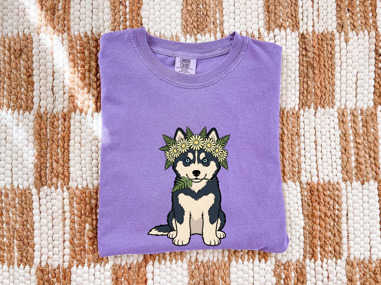 Husky Shirt for Women – Hand Drawn Cartoon Floral Crown Siberian Dog Graphic Tee