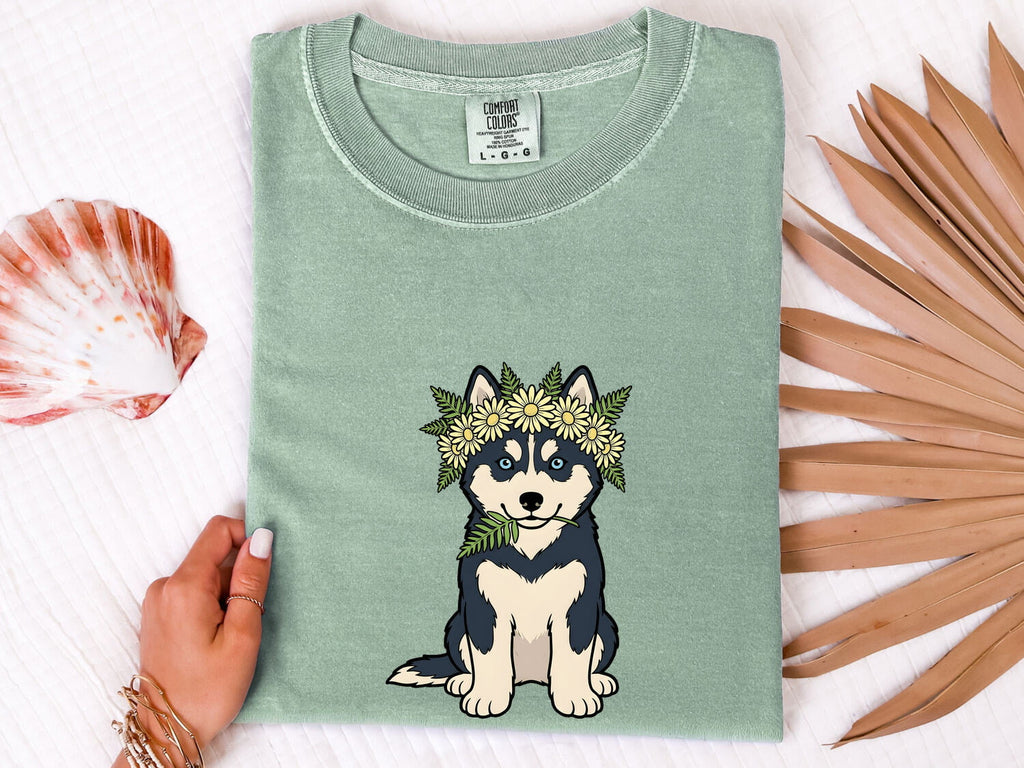 Husky Shirt for Women – Hand Drawn Cartoon Floral Crown Siberian Dog Graphic Tee