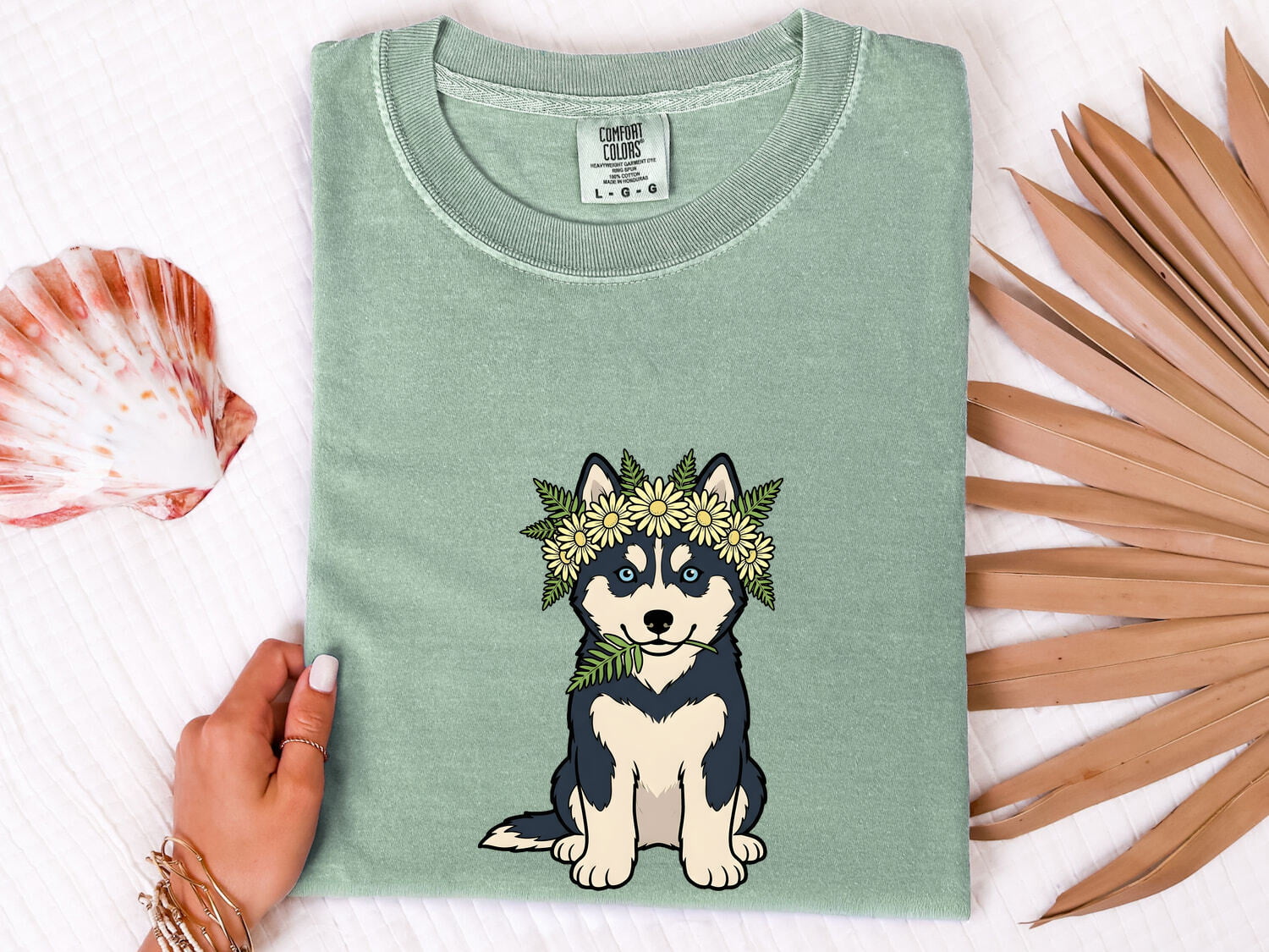 Husky Shirt for Women – Hand Drawn Cartoon Floral Crown Siberian Dog Graphic Tee