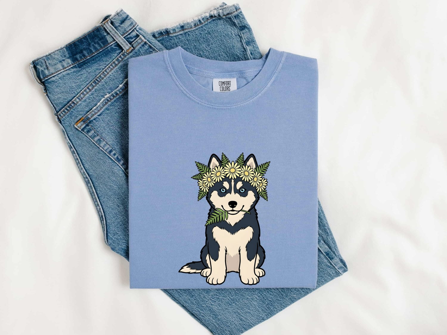 Husky Shirt for Women – Hand Drawn Cartoon Floral Crown Siberian Dog Graphic Tee