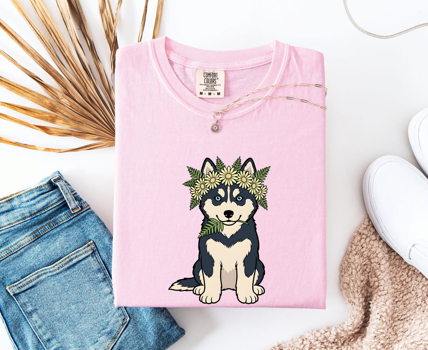 Husky Shirt for Women – Hand Drawn Cartoon Floral Crown Siberian Dog Graphic Tee