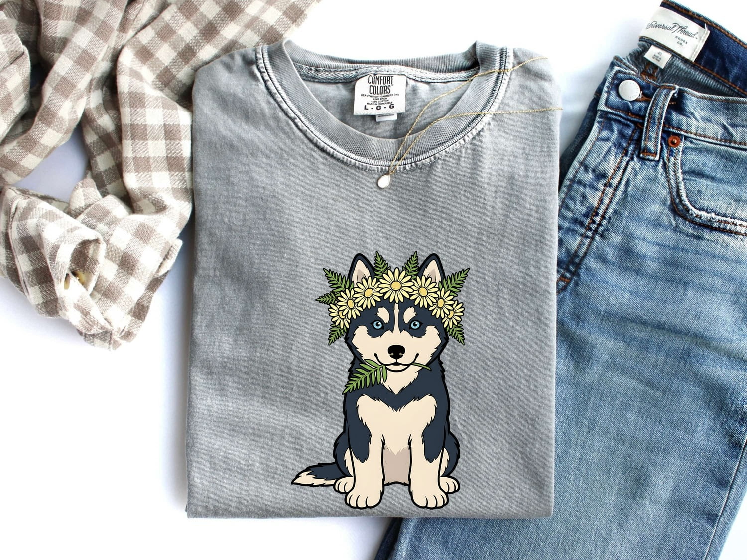Husky Shirt for Women – Hand Drawn Cartoon Floral Crown Siberian Dog Graphic Tee