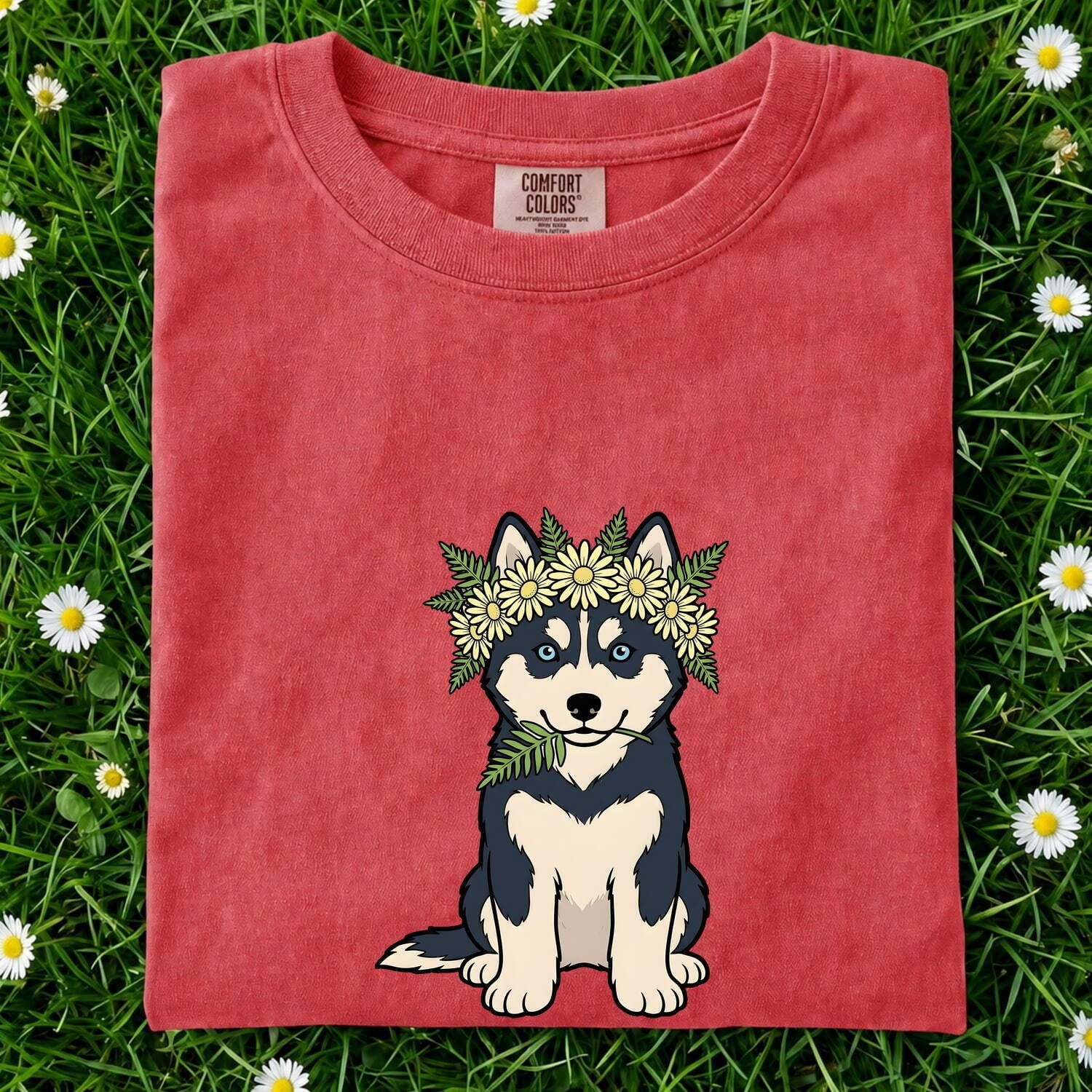 Husky Shirt for Women – Hand Drawn Cartoon Floral Crown Siberian Dog Graphic Tee