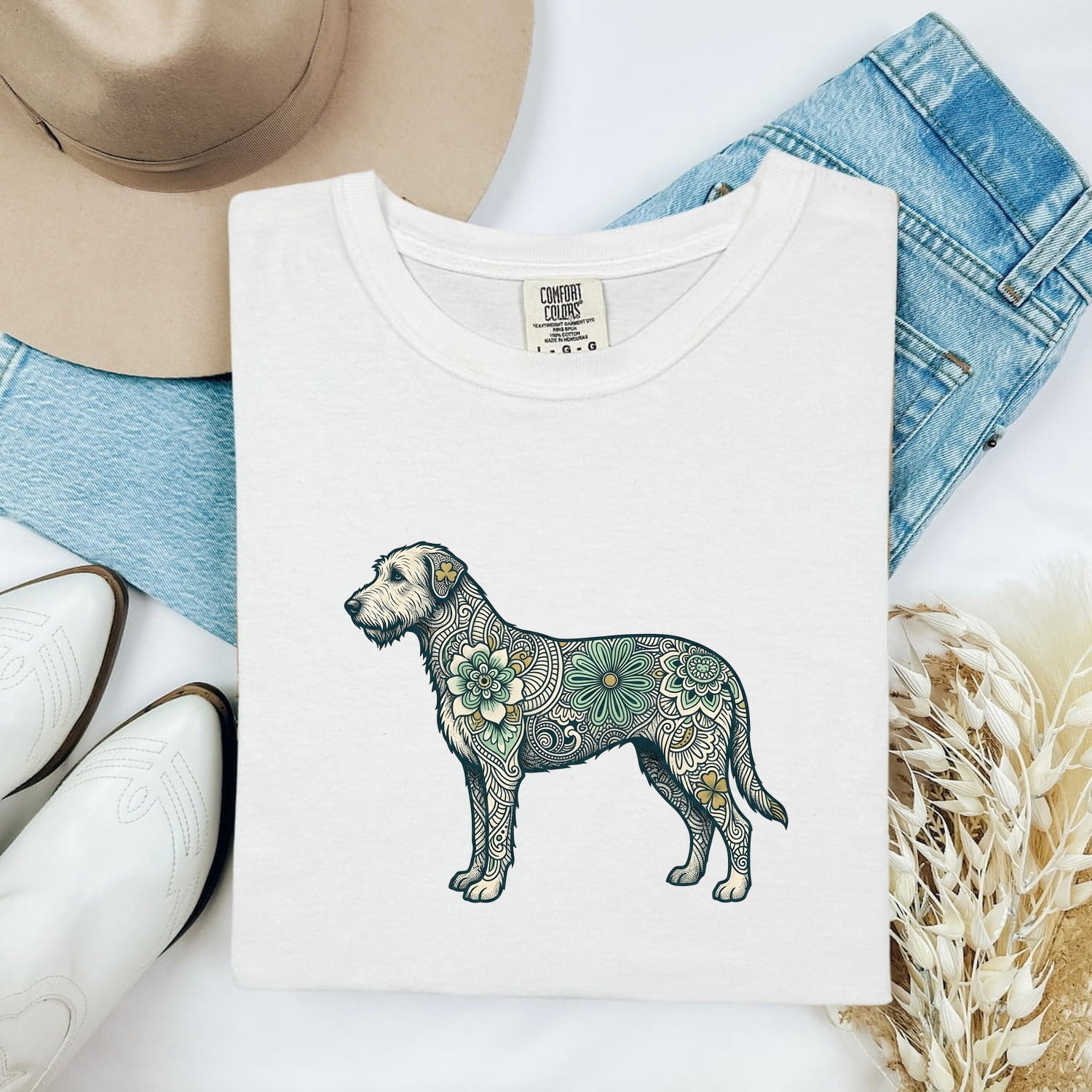 St. Patrick's Day Irish Wolfhound Shirt for Women – Tribal Celtic Line Art Bloom Graphic Tee