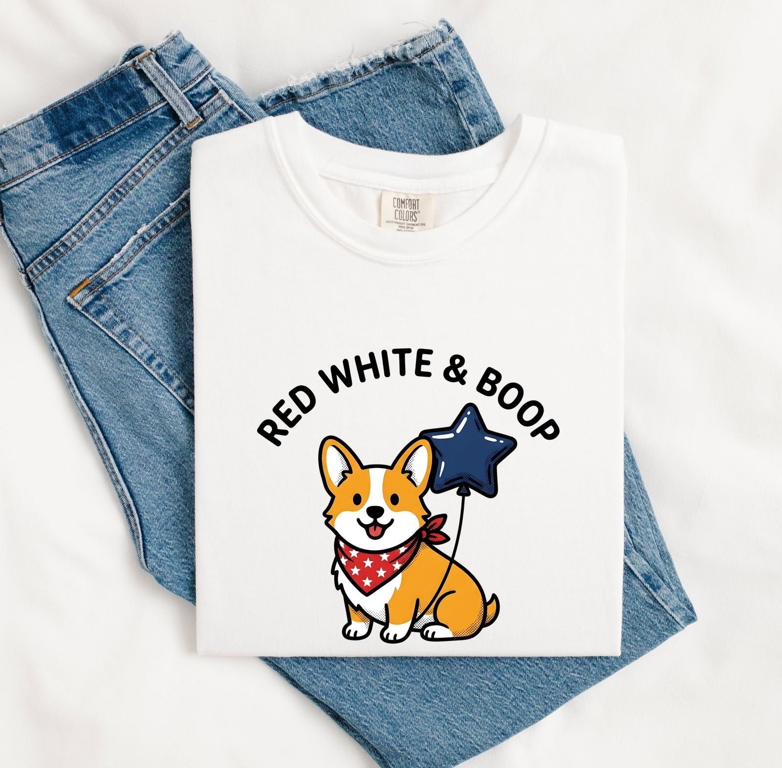 4th of July Corgi Shirt for Women – Kawaii Cartoon Star Balloon Independence Day Graphic Tee