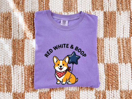 4th of July Corgi Shirt for Women – Kawaii Cartoon Star Balloon Independence Day Graphic Tee