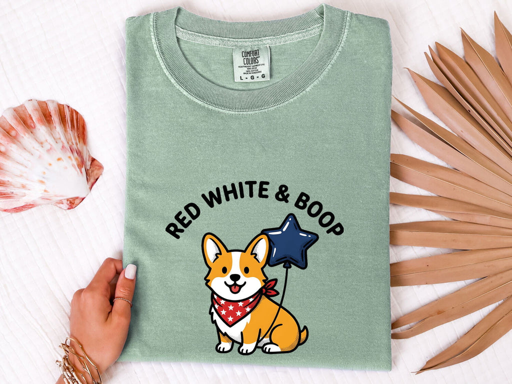 4th of July Corgi Shirt for Women – Kawaii Cartoon Star Balloon Independence Day Graphic Tee