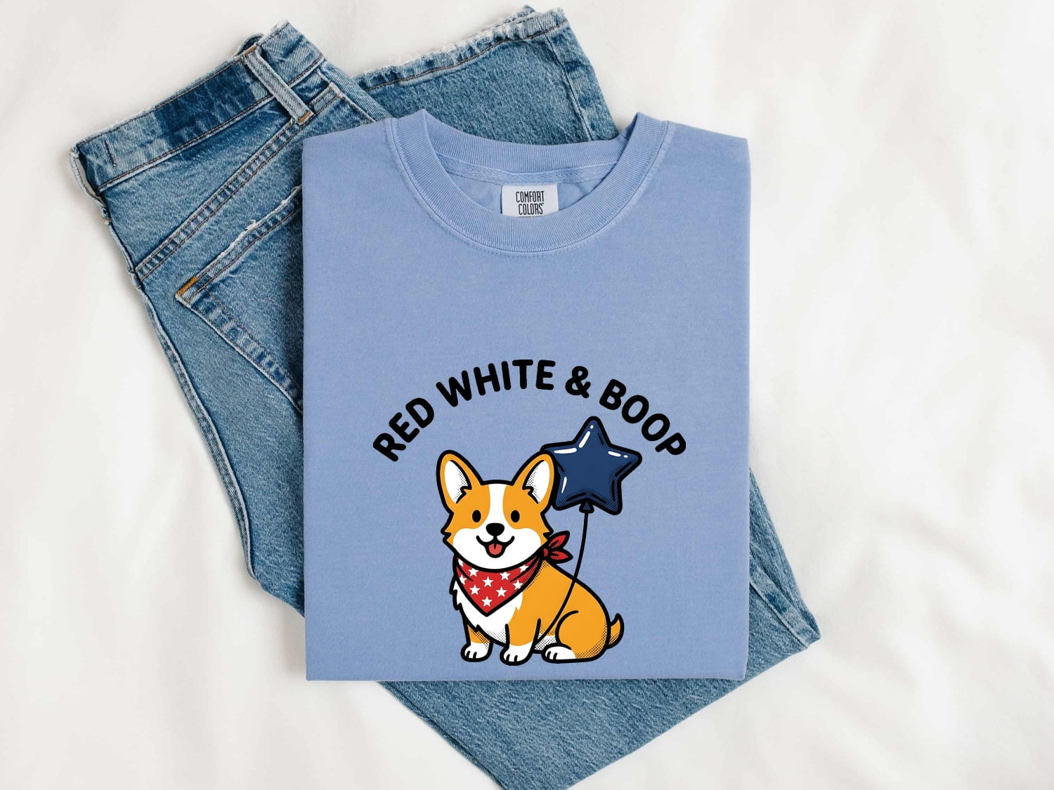 4th of July Corgi Shirt for Women – Kawaii Cartoon Star Balloon Independence Day Graphic Tee