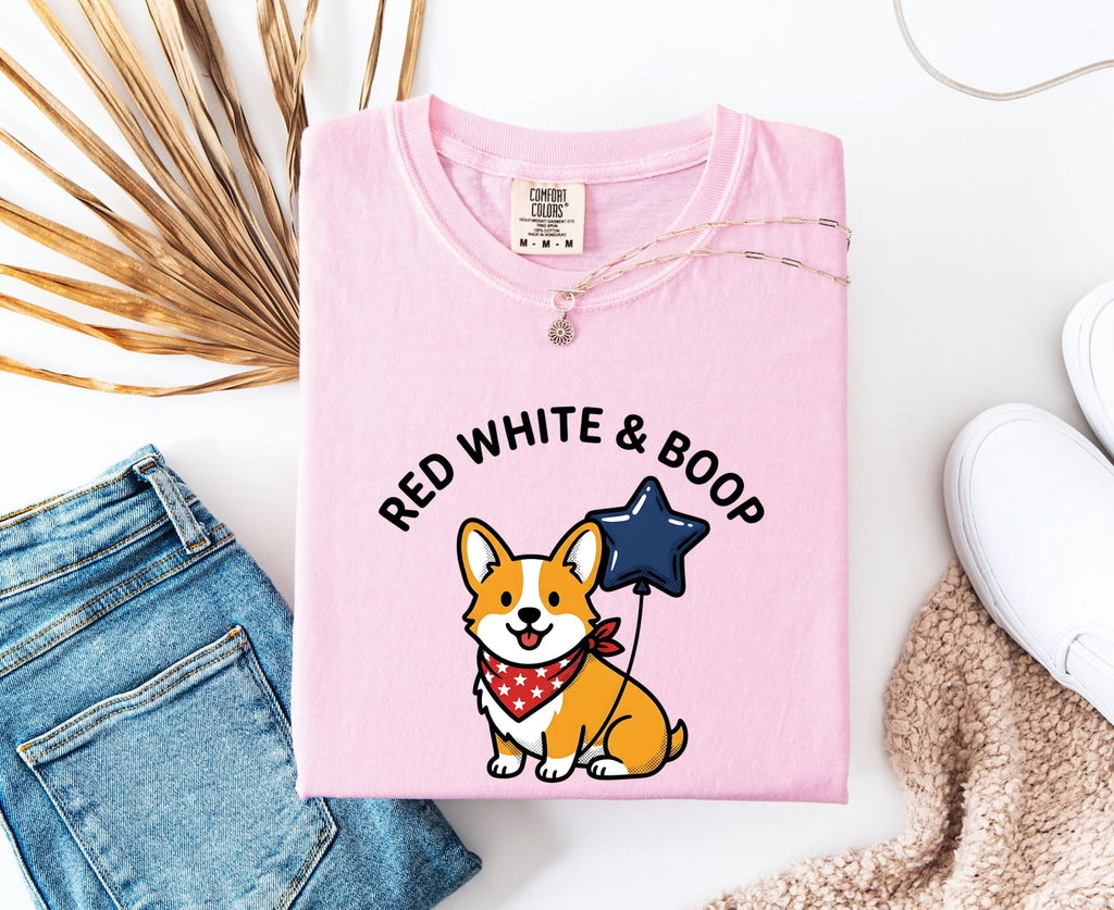 4th of July Corgi Shirt for Women – Kawaii Cartoon Star Balloon Independence Day Graphic Tee